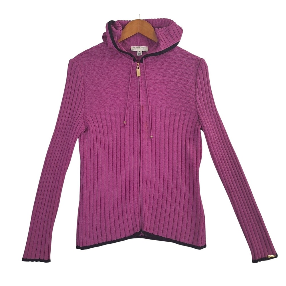 St John Sport Wool Blend Ribbed Full Zip Hoodie Sweater Small Purple Cardigan